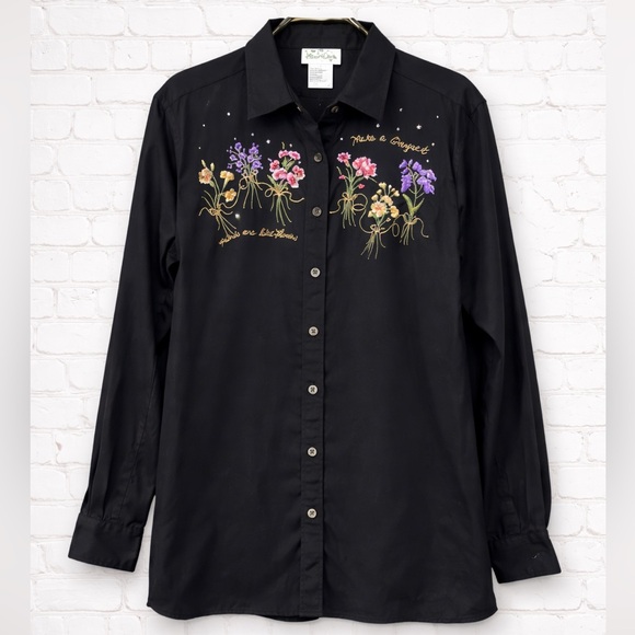 Quacker Factory Black Embroidered Floral Button Down Shirt Size L QVC - Picture 1 of 8
